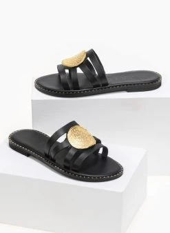 Σανδάλια δερμάτινα με ανάγλυφη αγκράφα Iris - Μαύρο