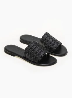 Σανδάλια δερμάτινα με πλεκτή φάσα Iris - Μαύρο -The Fashion Project κατάστημα dermatina sandalia me plekti fasa 90638 u0vo