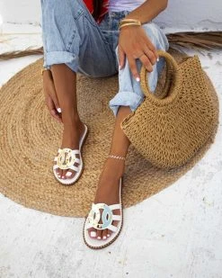 Σανδάλια δερμάτινα με στρογγυλή αγκράφα Iris - Λευκό