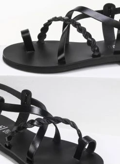 Πέδιλα δερμάτινα φλατ με λεπτά λουράκια Estil - Μαύρο -The Fashion Project κατάστημα estil dermatina flat pedila me lepta lourakia 91219 03sx