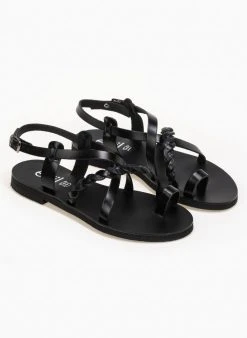 Πέδιλα δερμάτινα φλατ με λεπτά λουράκια Estil - Μαύρο