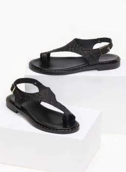 Σανδάλια δερμάτινα κροκό Estil - Μαύρο -The Fashion Project κατάστημα estil dermatina kroko flat pedila 91147 twog