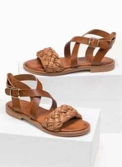 Σανδάλια δερμάτινα με πλεκτή φάσα Estil - Ταμπά -The Fashion Project κατάστημα estil dermatina pedila me plekti fasa 89308 u0kf