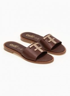 Σανδάλια δερμάτινα με μεταλλικό διακοσμητικό Estil - Καφέ