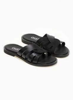 Σανδάλια δερμάτινα με περαστές φάσες Estil - Μαύρο