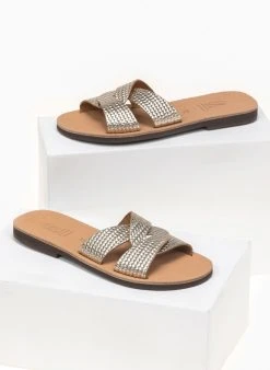 Σανδάλια δερμάτινα με σχέδιο ψάθα Estil - Χρυσό