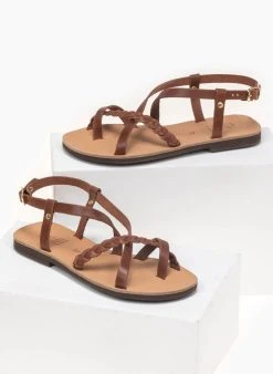 The Fashion Project Σανδάλια δερμάτινα με κοτσιδάκι Estil - Ταμπά -The Fashion Project κατάστημα estil flat dermatina pedila me kotsidaki 91741 3e2d