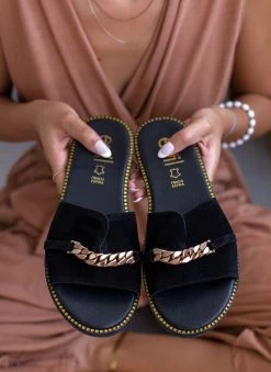 Σανδάλια δερμάτινα με αλυσίδα Estil - Μαύρο -The Fashion Project κατάστημα estil kastorina sandalia me alusida 101173 29dk
