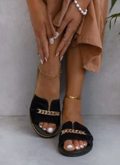 Σανδάλια δερμάτινα με αλυσίδα Estil - Μαύρο -The Fashion Project κατάστημα estil kastorina sandalia me alusida 101173 ghek