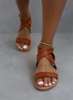 Σανδάλια δερμάτινα με Crossover μπαρέτα Iris - Καφέ