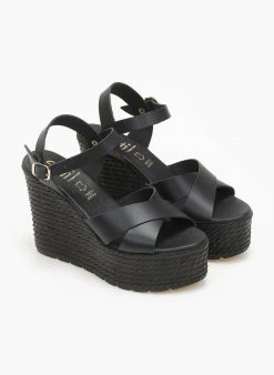 Πλατφόρμες δερμάτινες με χιαστί φάσες Estil - Μαύρο -The Fashion Project κατάστημα platformes dermatines me xiasti fases estil 111176 54lu