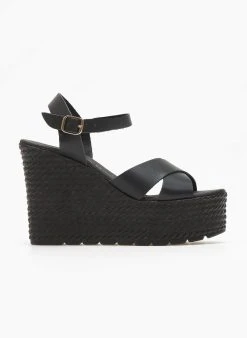 Πλατφόρμες δερμάτινες με χιαστί φάσες Estil - Μαύρο