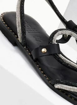 Σανδάλια δερμάτινα με διπλή σειρά στρας Estil - Μαύρο -The Fashion Project κατάστημα sandalia dermatina estil me dipli seira strass 105177 kkin