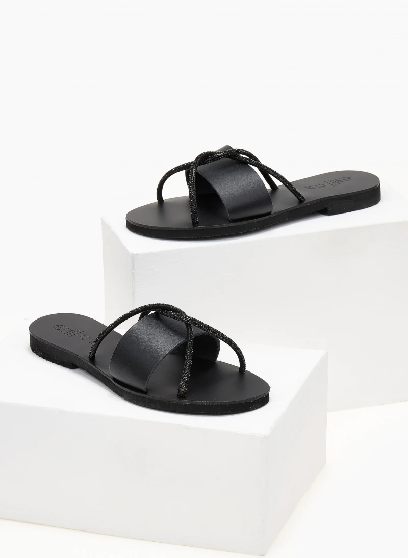 Σανδάλια δερμάτινα με χιαστί Strass λουράκια Estil - Μαύρο 5 Σανδάλια δερμάτινα με χιαστί Strass λουράκια Estil - Μαύρο - Image 3