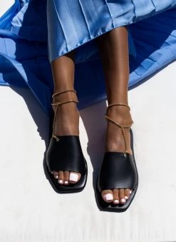 Σανδάλια δερμάτινα με Anklet αλυσίδα Iris - Μαύρο