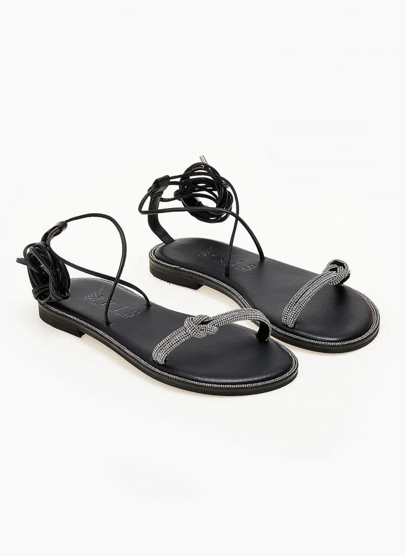 Σανδάλια δερμάτινα με κορδόνια και στρας Iris - Μαύρο/Ασημί 5 Σανδάλια δερμάτινα με κορδόνια και στρας Iris - Μαύρο/Ασημί - Image 3