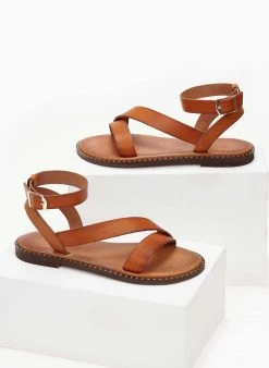 Σανδάλια δερμάτινα με μπαρέτα Iris - Ταμπά -The Fashion Project κατάστημα sandalia dermatina iris me mpareta 102699 dyos