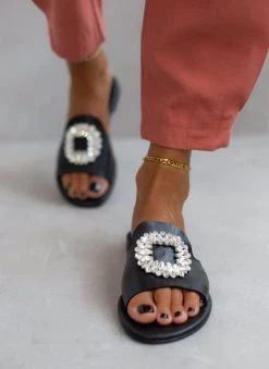 Σανδάλια δερμάτινα με πέτρες Iris - Μαύρο