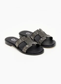 Σανδάλια δερμάτινα με στρας Tfp - Μαύρο -The Fashion Project κατάστημα sandalia dermatina tfp me mikra strass 105068 xvxh