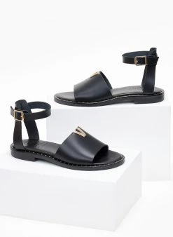 Σανδάλια δερμάτινα με χρυσή λεπτομέρεια Tfp - Μαύρο -The Fashion Project κατάστημα sandalia dermatina tfp me xrusi leptomereia 101248 r8ga