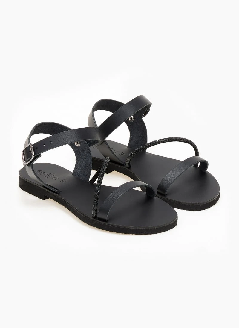 Σανδάλια δερμάτινα με λοξό Strass λουράκι Estil - Μαύρο 4 Σανδάλια δερμάτινα με λοξό Strass λουράκι Estil - Μαύρο - Image 2