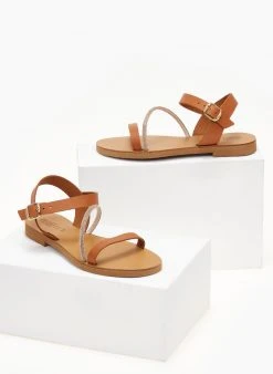 Σανδάλια δερμάτινα με λοξό Strass λουράκι Estil - Ταμπά -The Fashion Project κατάστημα sandalia estil dermatina me lokso strass louraki 105944 j6dn