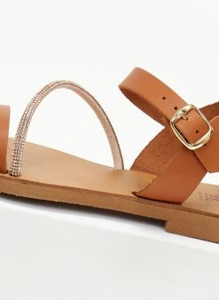 Σανδάλια δερμάτινα με λοξό Strass λουράκι Estil - Ταμπά -The Fashion Project κατάστημα sandalia estil dermatina me lokso strass louraki 105944 z035
