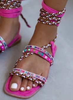 The Fashion Project Σανδάλια με τρουκς και κορδόνια - Φούξια -The Fashion Project κατάστημα sandalia lace up me xrwmatista trouks 104650 76z6