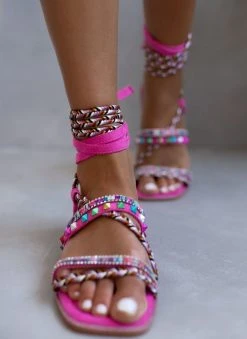 The Fashion Project Σανδάλια με τρουκς και κορδόνια - Φούξια -The Fashion Project κατάστημα sandalia lace up me xrwmatista trouks 104650 r3mf