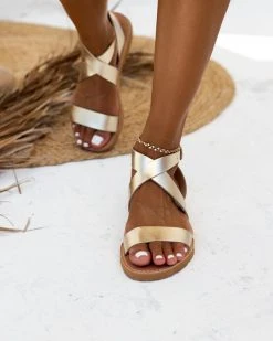 Σανδάλια δερμάτινα με Crossover μπαρέτα Iris - Χρυσό -The Fashion Project κατάστημα xeiropoiita dermatina isia pedila 90690 tztu