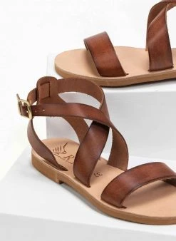 Σανδάλια δερμάτινα με Crossover μπαρέτα Iris - Καφέ -The Fashion Project κατάστημα xeiropoiita dermatina isia pedila 90691 2eou